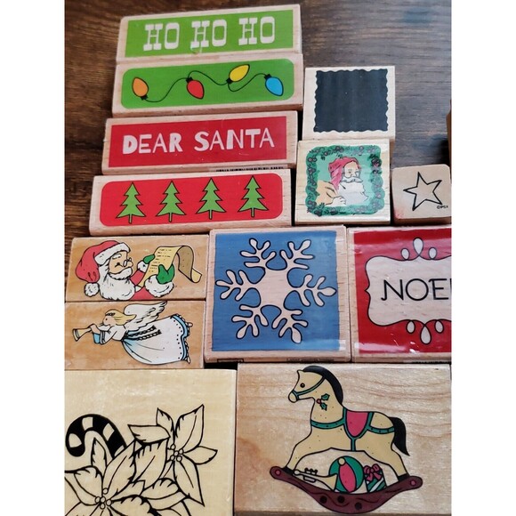 Wood Mounted Rubber Stamp Lot Christmas Card Making Paper Craft 21 Assorted - Picture 3 of 12